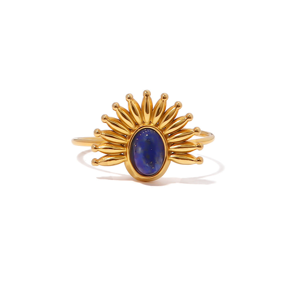 2H 18K Gold-plated Stainless Steel Inlaid Lapis Lazuli Open Ring for Women Trendy Fashion