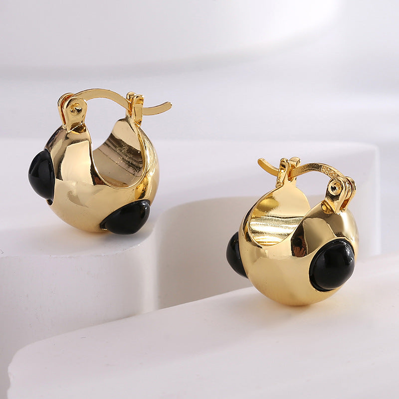 E0625 casual fashion Earrings Female Brass Gold Plated Black Agate Sphere Ear Buckle