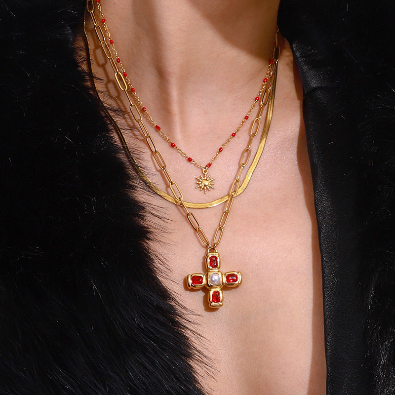 2H Cross Pearl Necklace Jewelry Non-Fading Stainless Steel Accessories