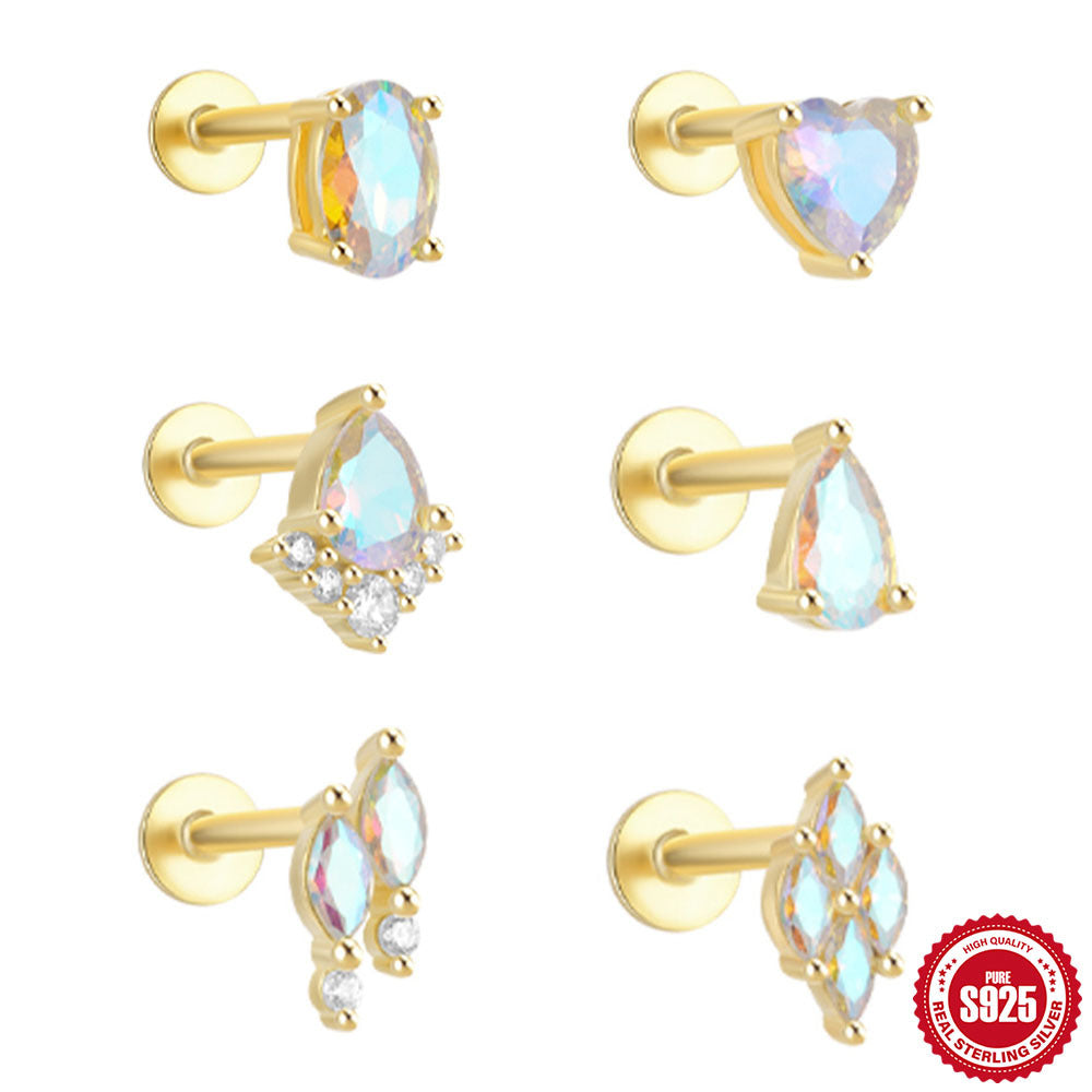 New925Sterling Silver Moonstone Inlaid Diamond Flat Head Threaded Piercing Ear Bone Stud Hot-Selling Earrings