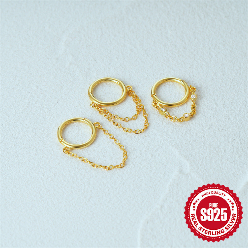 S925Pure Silver Tassel Piercing Earrings Hoop for Women Trendy Fashion Seamless Hoop Piercing Nose Ring Round Ear Cuff