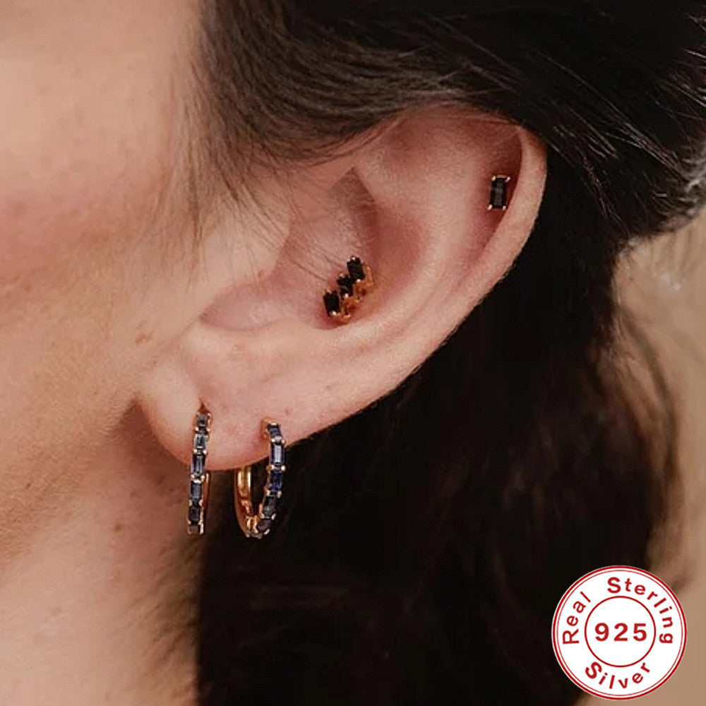 S925Sterling Silver Inlaid Three Asymmetric Rectangular Zircon Stud Earrings Vintage Diamond-Encrusted Ear Jewelry