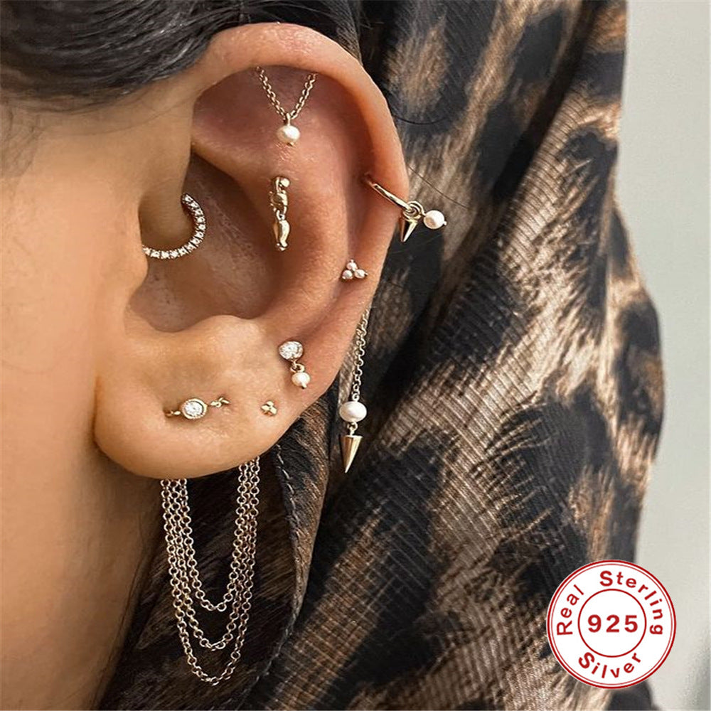 S925Sterling Silver Tassel Pearl Double Chain Piercing Ear Bone Stud Earrings Hot Selling Creative Minimalist Style Earrings