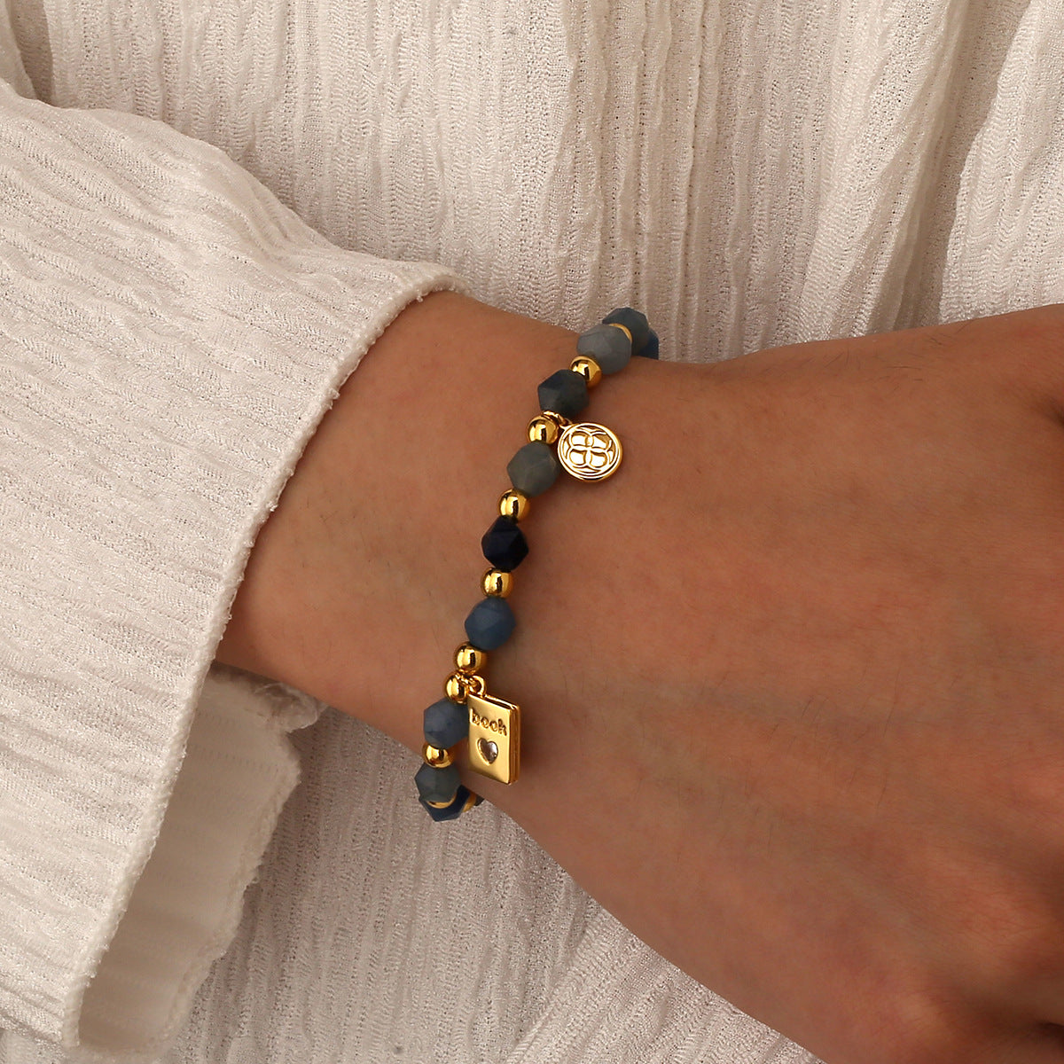 B0267 Fashion Book Zircon Engraved Beaded Aquamarine Bracelet