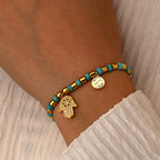 B0289 Palm-shaped copper-plated14k Gold Beaded Inlaid Turquoise Fashion Bracelet