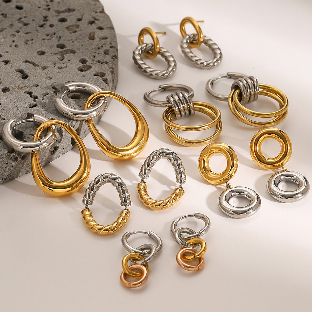 2H Stainless Steel Color Block Circle Earrings Studs Hoop Jewelry