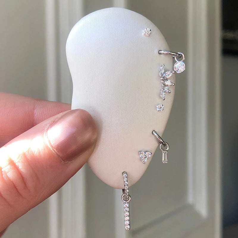 S925Sterling Silver Colorful Diamond Crown Flower Piercing Threaded Ear Bone Stud Mini Inlaid Diamond Ear Cartilage Stud Earrings for Women