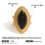 Stainless Steel18K Gold and Black Agate Open Ring Heavy Craft Retro Export Jewelry for Women