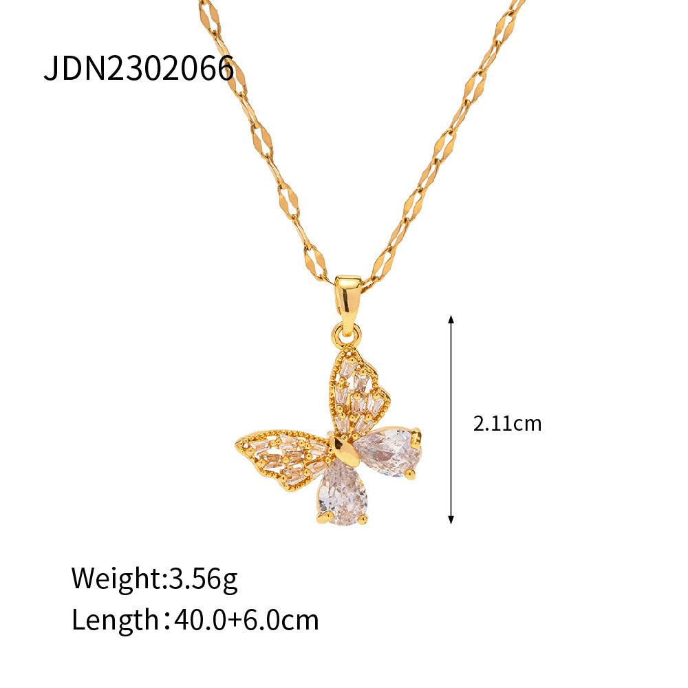 2H 18K Gold Stainless Steel Inlaid White Zircon Butterfly Pendant Necklace Non-Fading Jewelry