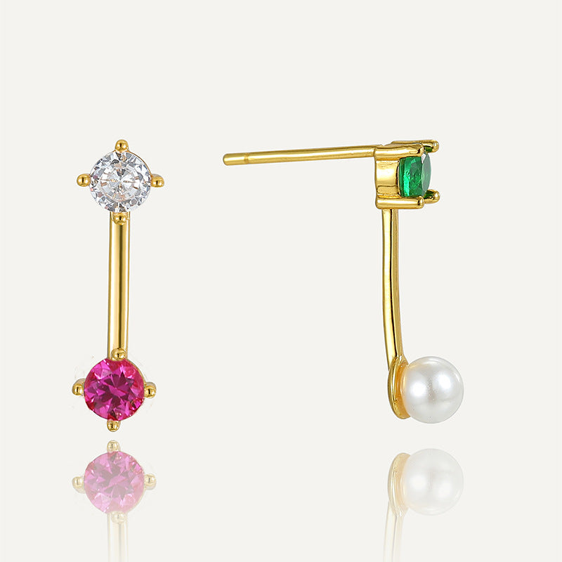 SE0024 S925Silver Japanese Korean Small Design Three-Color Zircon Pearl Stud Earrings for Women14K Gold-plated Earrings