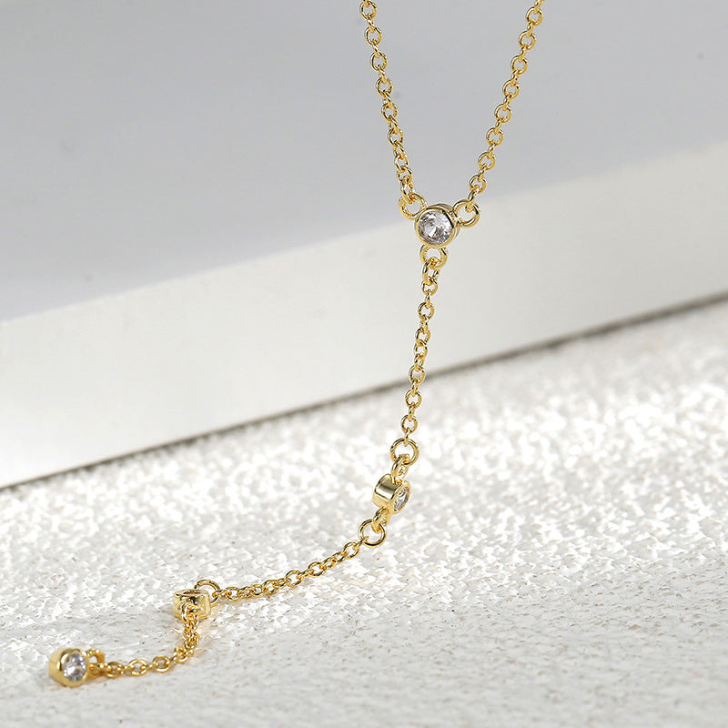 N0165 Minimalist Long Collarbone Chain Necklace French Romantic Zircon Inlaid Pendant