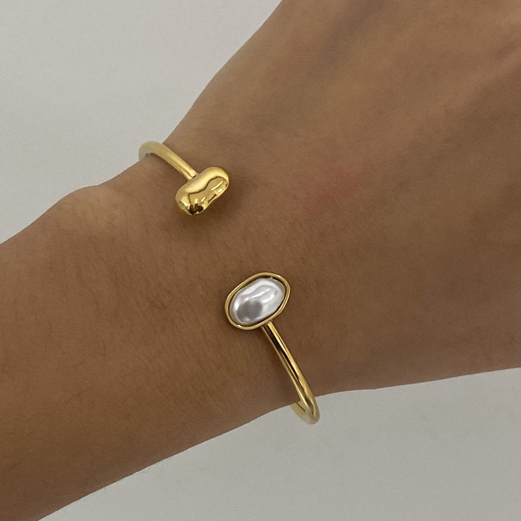 2H Stainless Steel Pearl Bracelet Open Bangle Jewelry