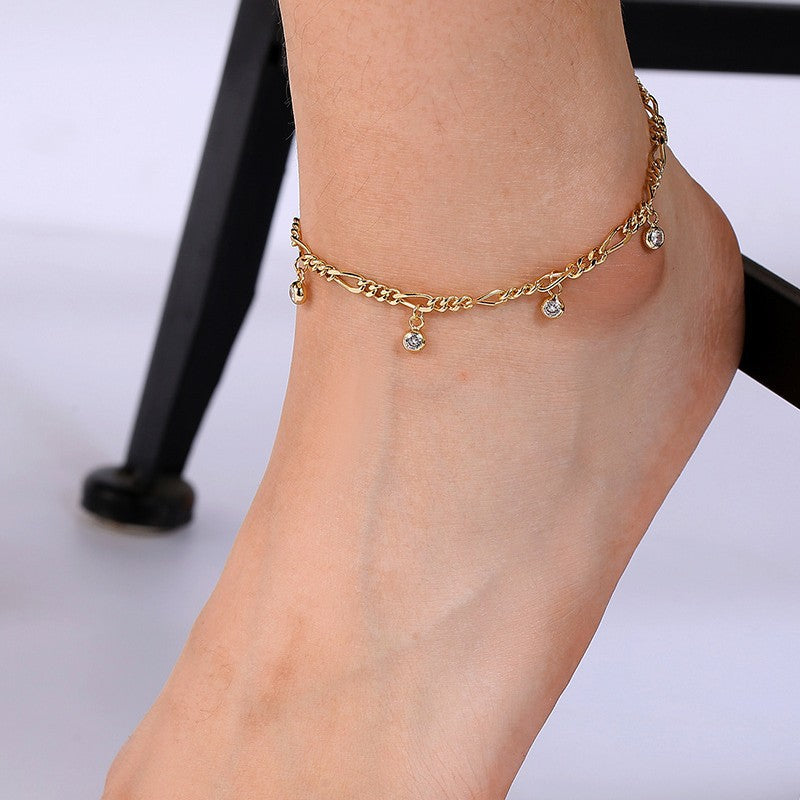 A0024 Hip-Hop Chain Zirconia Anklet for Women Copper Gold-Plated Fashion Retro Foot Jewelry
