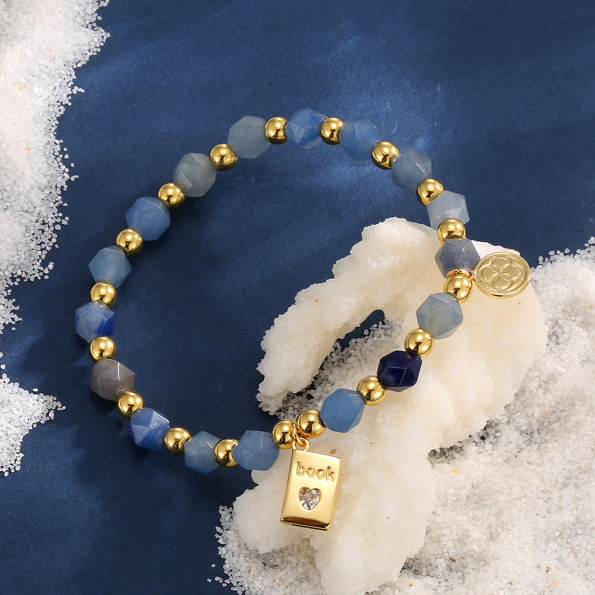 B0267 Fashion Book Zircon Engraved Beaded Aquamarine Bracelet