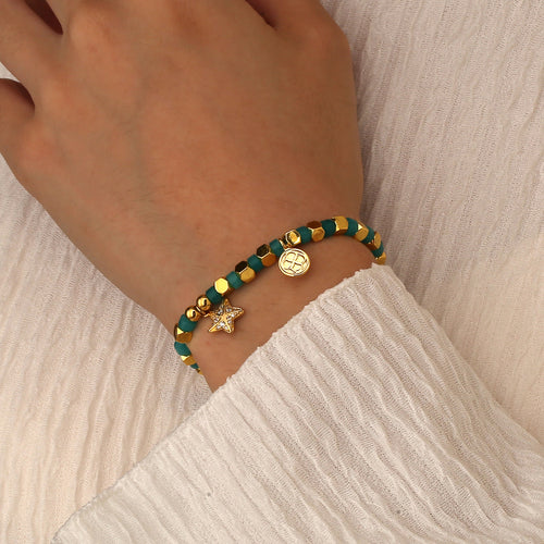 14K Gold-Plated Brass Starfish Beaded CZ Bracelet with cubic zirconia design details