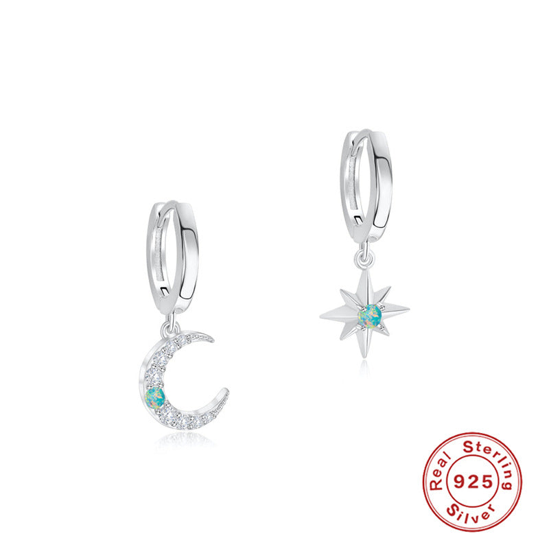 S925Sterling Silver Star Moon Inlaid Diamond Opal Hoop Earrings Cross Ear Clips Earrings Hot Sale Trendy Women's Ear Jewelry