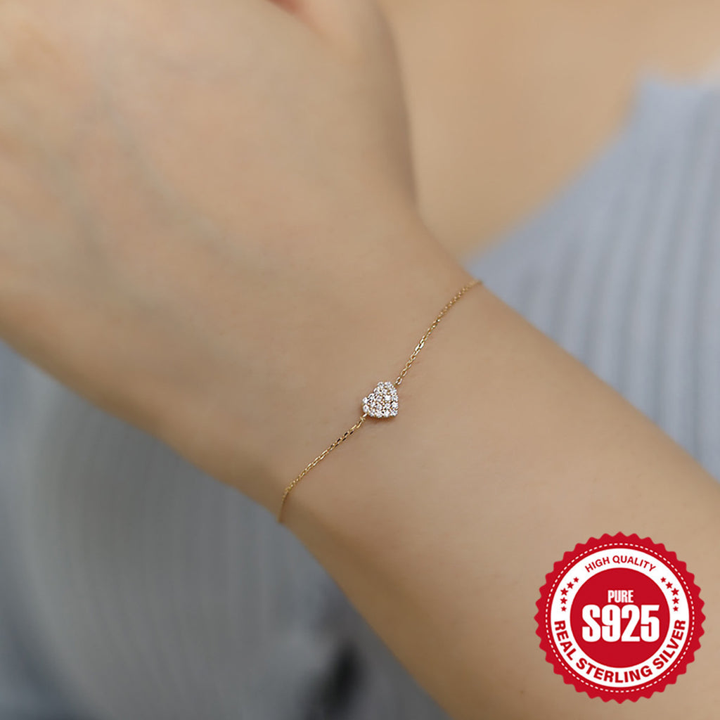 S925 Sterling Silver Plating 14K Gold Zircon Heart Adjustable Bracelet