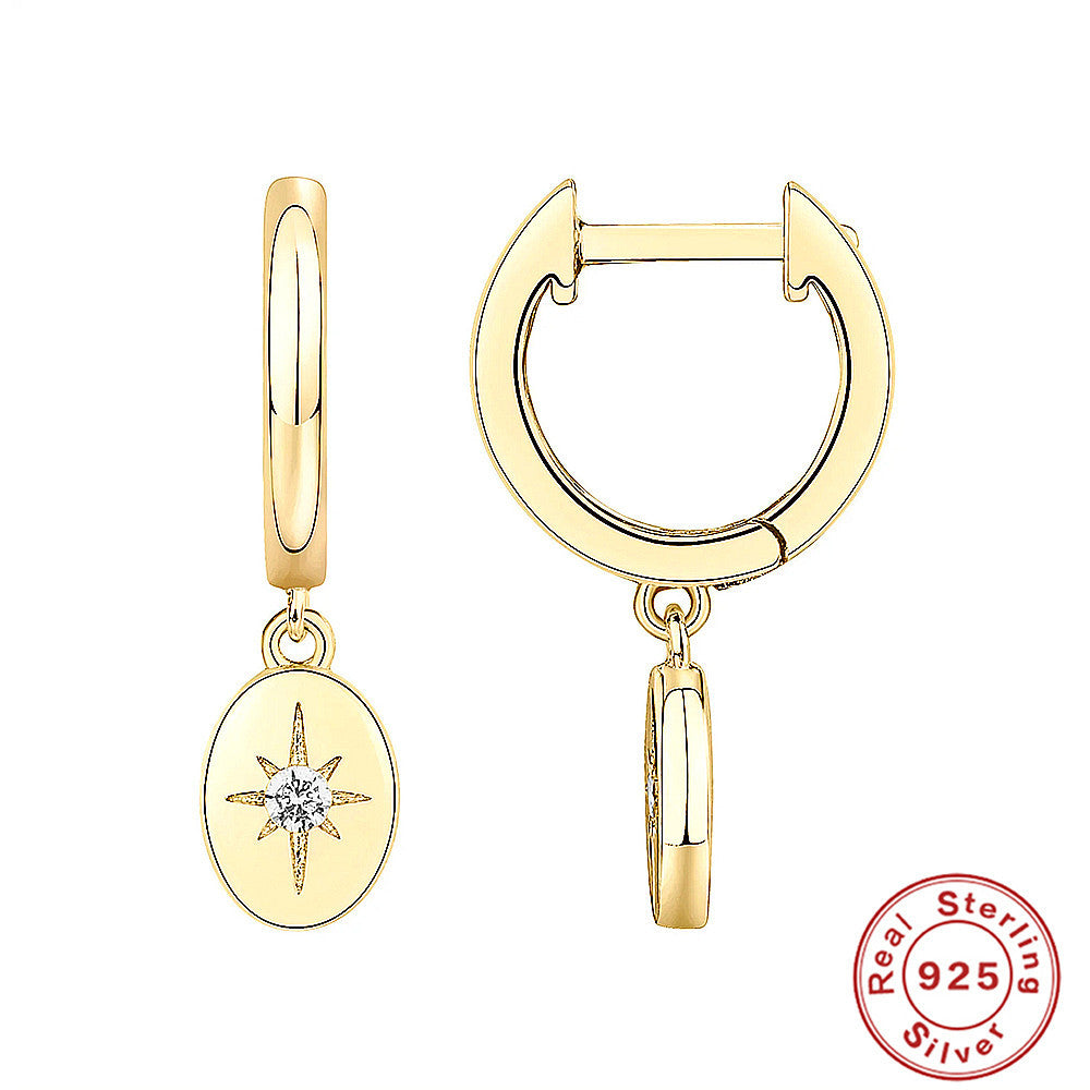S925Sterling Silver Octagonal Star Geometric Inlaid Diamond Pearl Lock Pendant Earrings Hoop Earrings Ear Clips Trendy Ear Jewelry