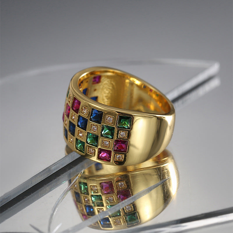 CYR0525 Fashion Simple Creative Inlaid Colorful Square Zircon Ring for Women Copper Plated with Real Gold Versatile