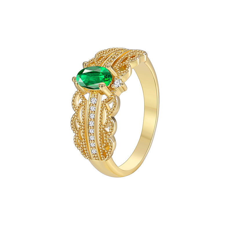 R0399 Fashion Baroque Women's Ring Brass Gold Plated with Green Zircon Simple