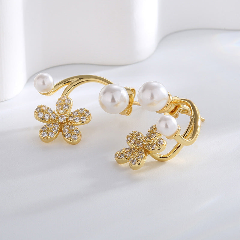 E0711 Fashion Flower Micro Inlaid Zircon Earrings for Women Simple Style Pearl Earrings