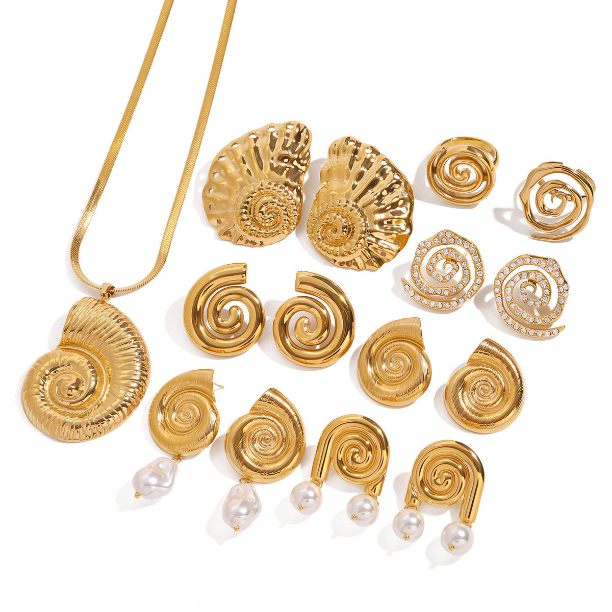 Stainless Steel Conch Necklace Pearl Stud Earrings Zircon Earrings Ring Jewelry