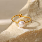 2H  Fashion Versatile Same Style Ring 18K Gold Stainless Steel Adjustable Freshwater Pearl Bread Bead Fine Ring