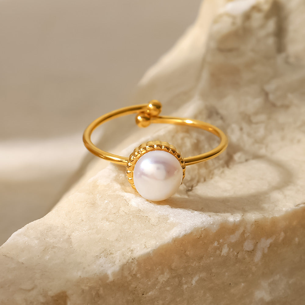2H  Fashion Versatile Same Style Ring 18K Gold Stainless Steel Adjustable Freshwater Pearl Bread Bead Fine Ring
