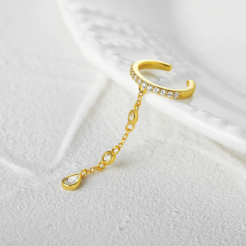 S925Sterling Silver Single Row Diamond Tassel Ear Clip Ear Buckle Earrings Korean Version No Piercing High-end Ear Clip Ear Jewelry for Women