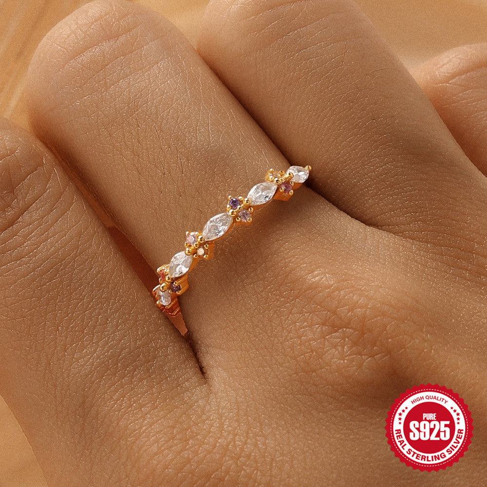 S925Sterling Silver Color Diamond Sweet Ring Female Japanese and Korean Minimalist Style Small Index Finger Ring