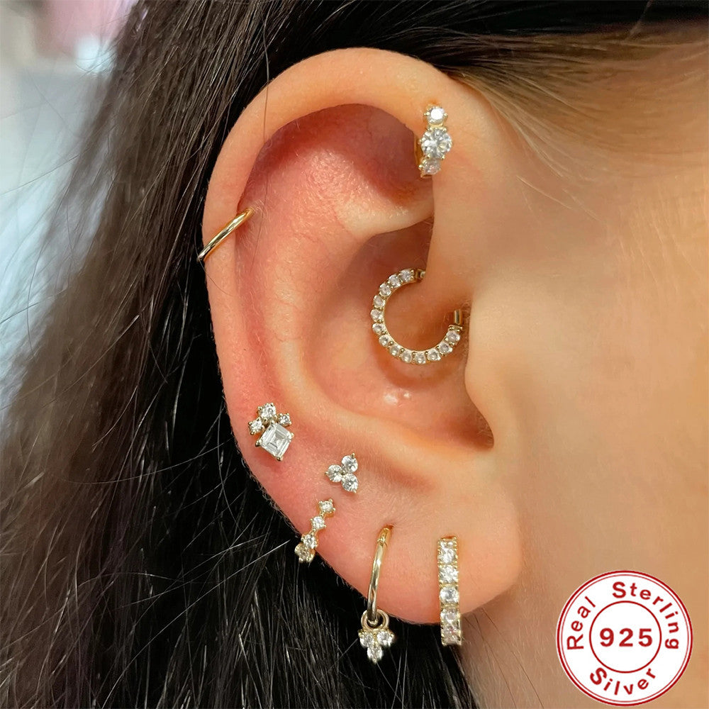 S925Sterling Silver Cartilage Piercing Diamond-Studded Hoop Earrings Ear Cuffs Ear Studs shien Hot-selling Punk Style Ear Cuff