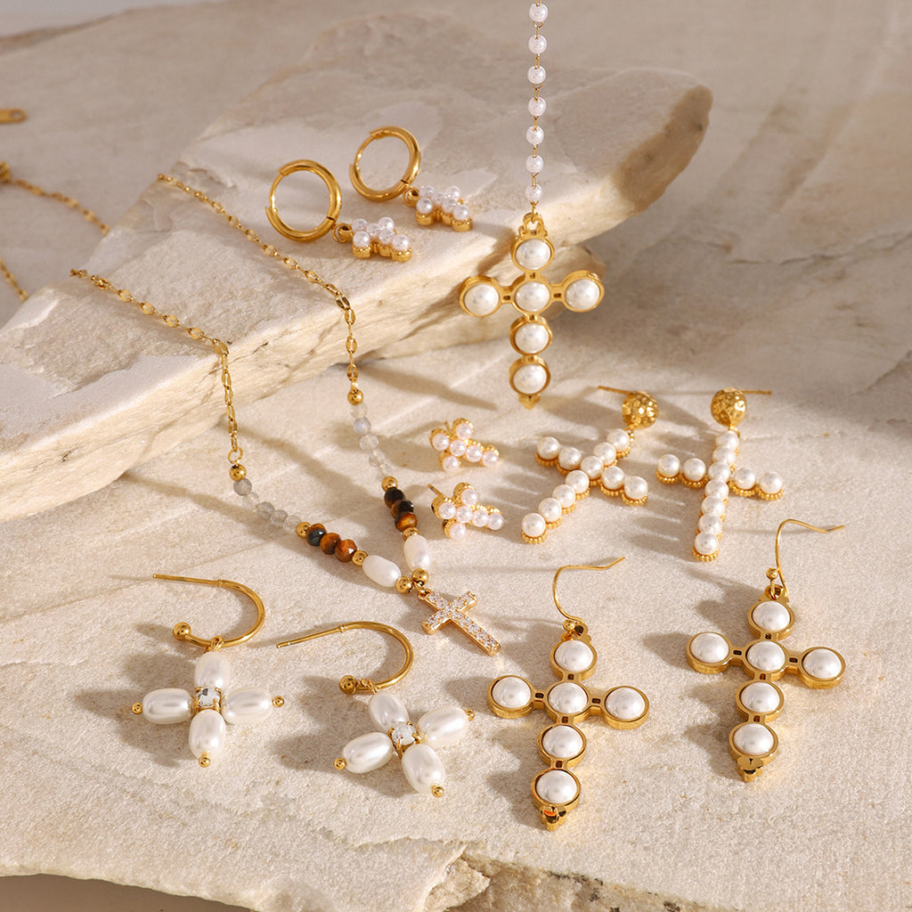 Stainless Steel Cross Pendant Necklace Zircon Natural Stone Clavicle Chain Neck Chain Jewelry