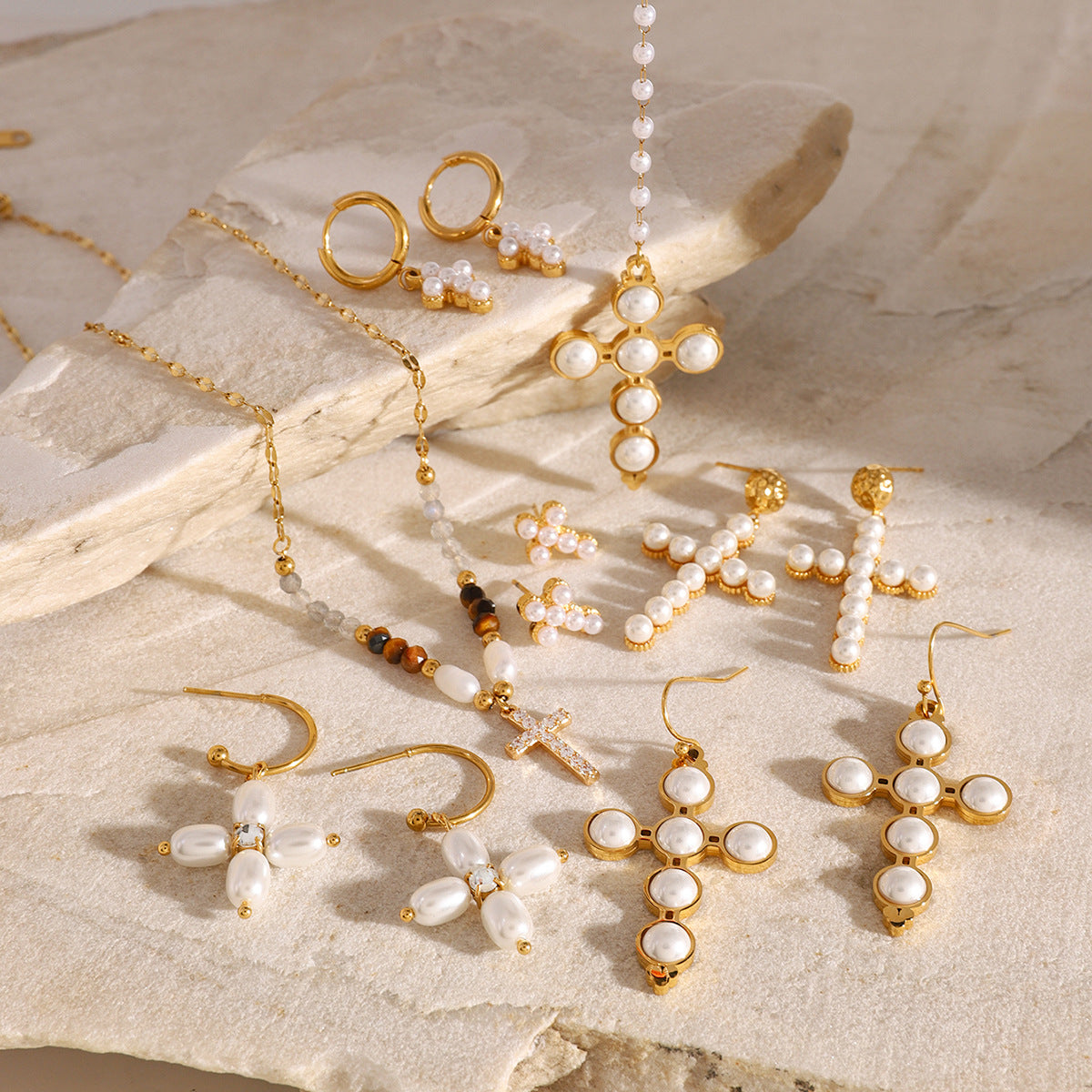 Stainless Steel Cross Pendant Necklace Zircon Natural Stone Clavicle Chain Neck Chain Jewelry