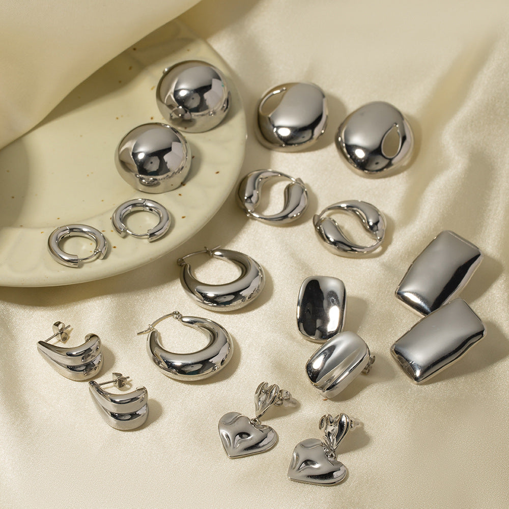 Steel Color Stainless Steel French Style Smooth Hollow Earrings Blogger Same Style Fashion Versatile Hoop Earrings for Women