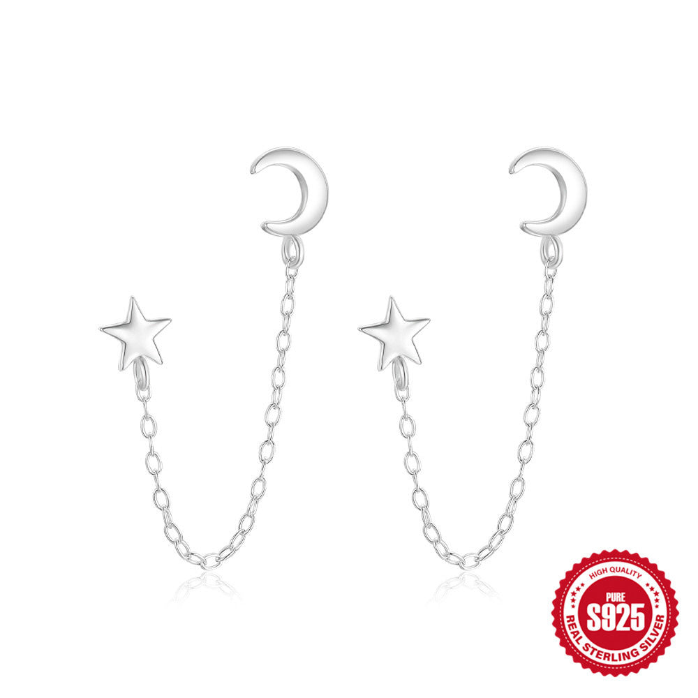 S925Sterling Silver Star Moon Chain Tassel Earrings Korean Style Xiaohongshu Hot-Selling Earrings for Women