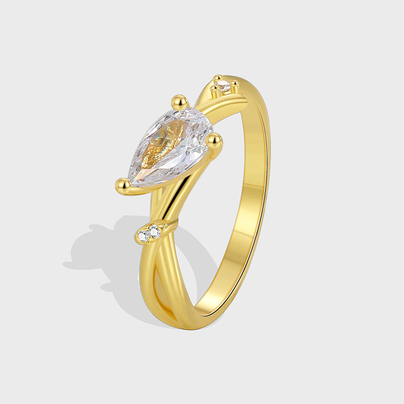 R0534 Simple Design Ring for Women, Brass with Gold Plating, Cold Freshwater Drop-Shaped Zircon
