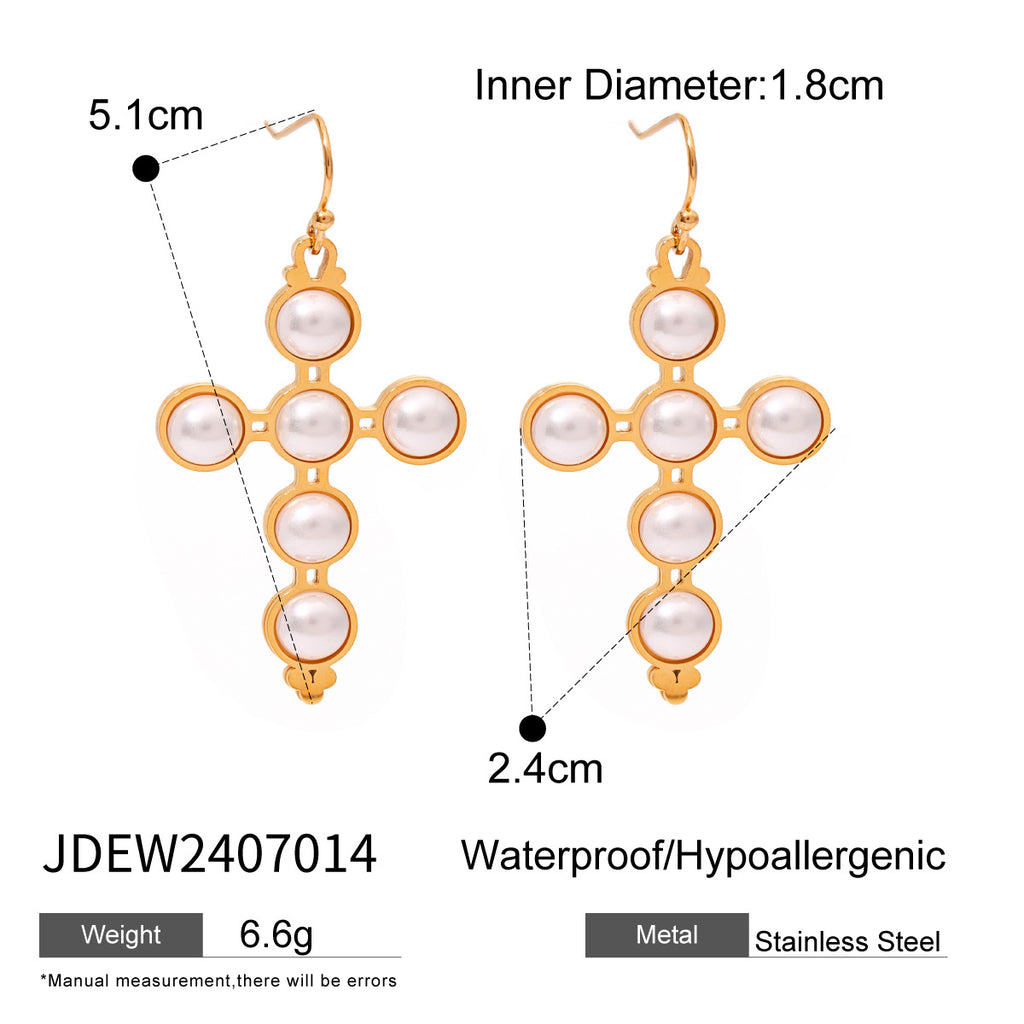 2H Jewelry Stainless Steel Pearl Necklace Cross Earrings Earrings Women