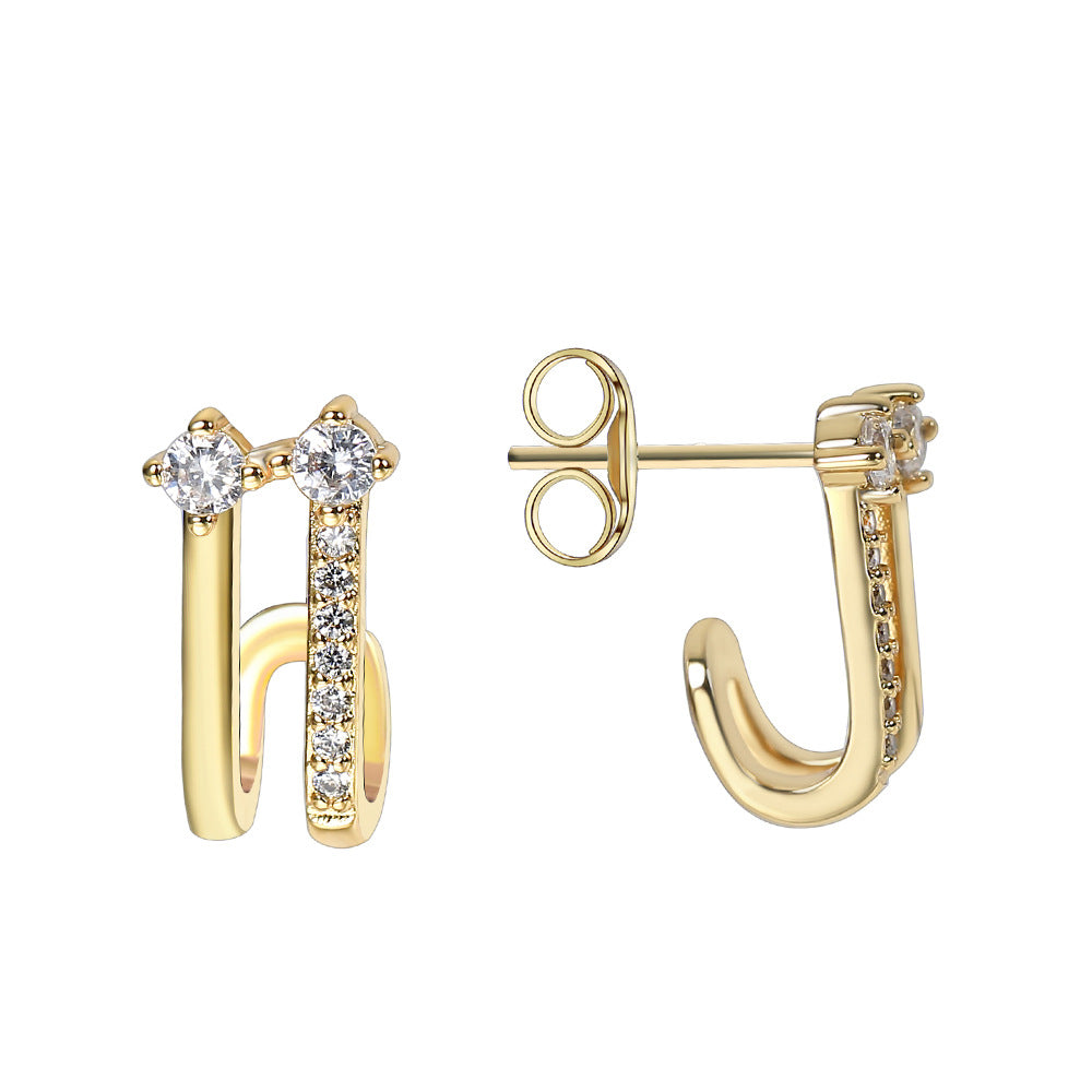 E0398 Hot-selling Copper Plated18K Real Gold Double Layer Earrings Hollow Design White Zirconia Brightening Earrings