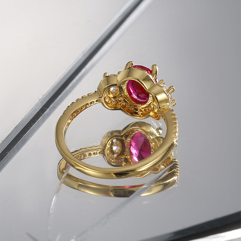 R0520 Fashionable Elegant Oval Red Zircon Ring for Women Vintage Micro Pave White Zircon