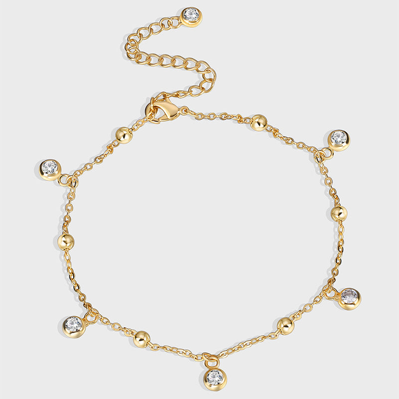 A0027 Modern Simple Versatile Checkered Anklet for Women with Design Sense, Small Round Beads Inlaid with White Zircon Foot Jewelry