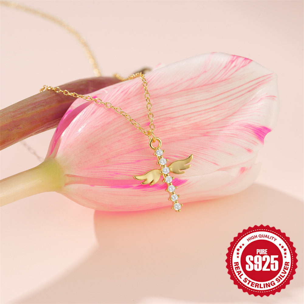 925 Sterling Silver Cross Diamond Necklace With Angel Wings Pendant