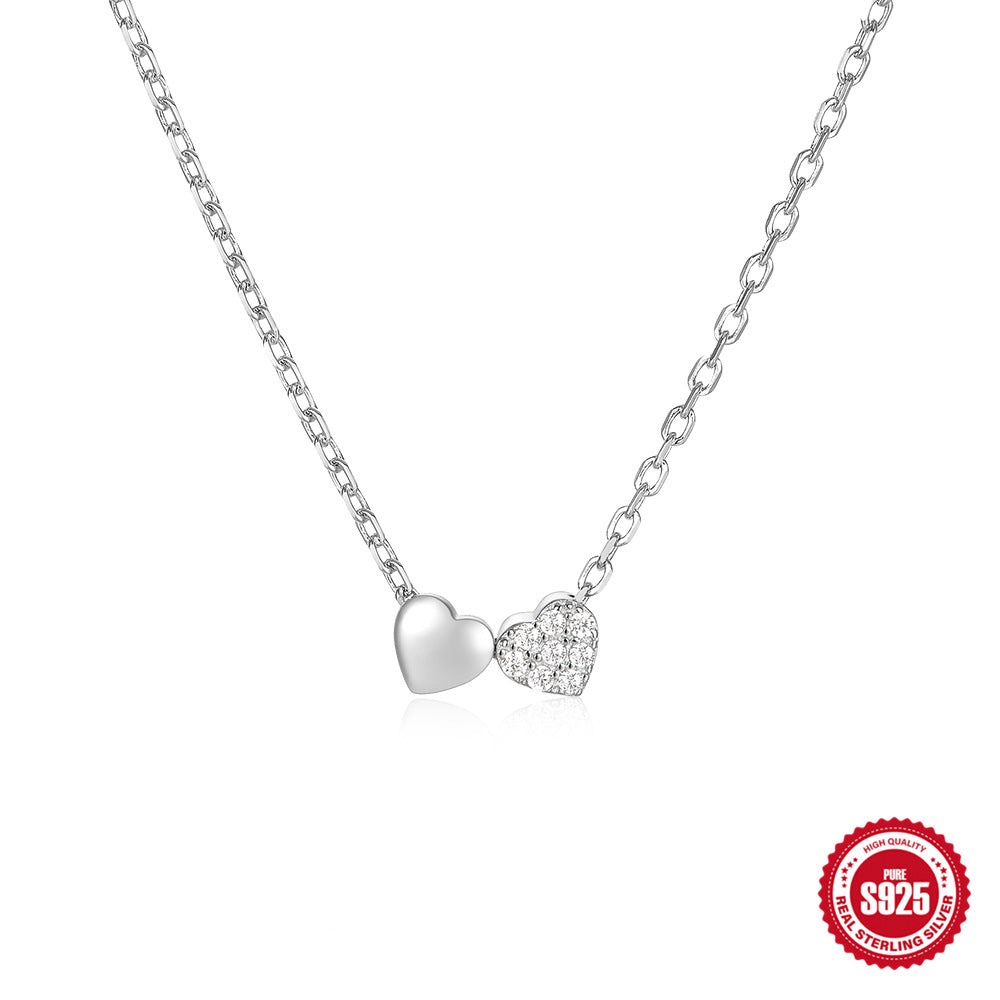 S925 Sterling Silver Double Heart Collarbone Necklace With Diamond