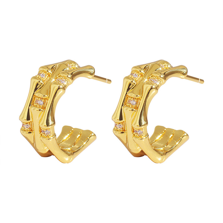 E0850 Bamboo Zircon Earrings Fashionable Elegant Retro Multi-layer Half-round C Shaped Ear Studs