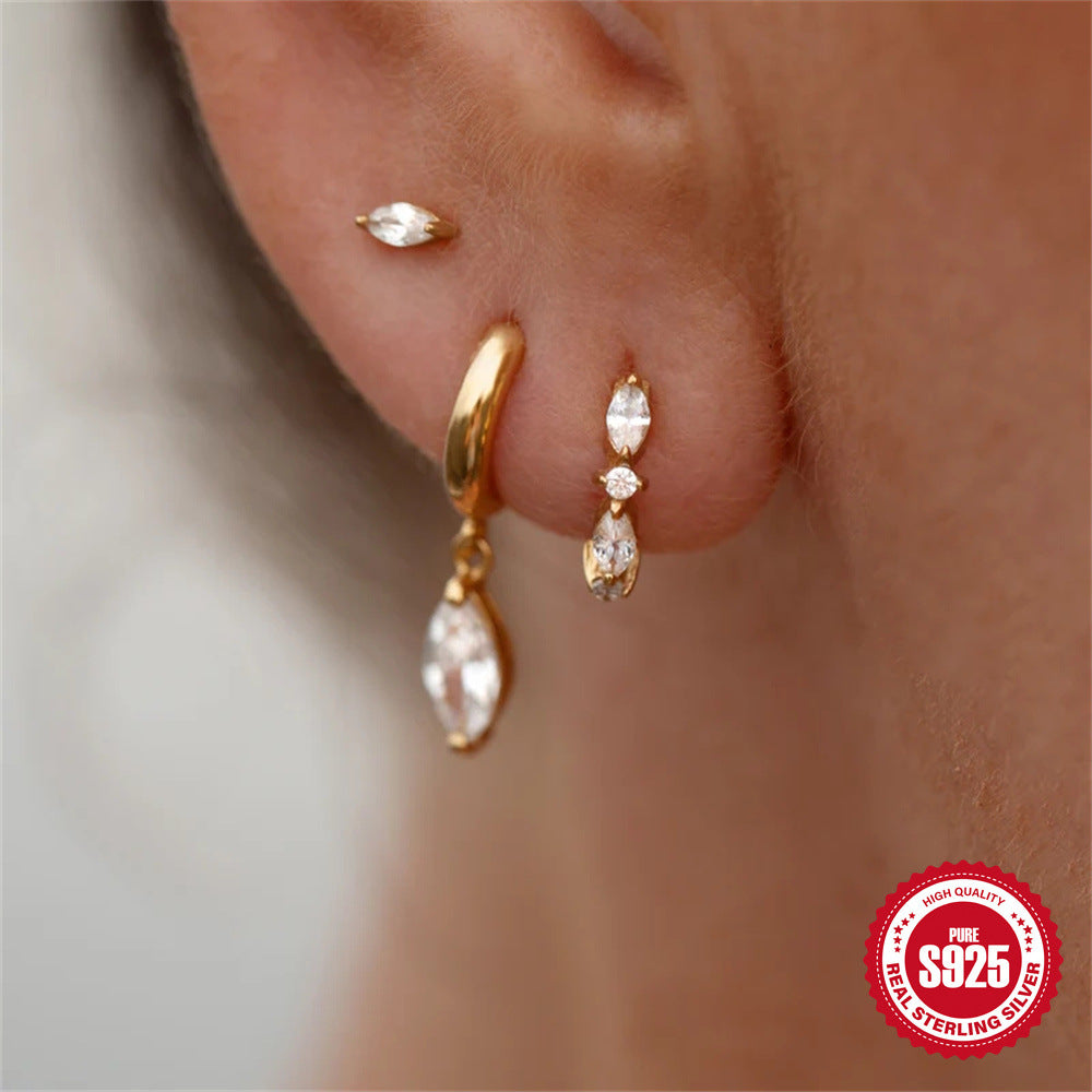 925Sterling Silver Eight-Pointed Star with Diamond Inlay Classic3Set of Earrings Hoop Earrings Hot-Selling Horse Eye Water Drop Earrings