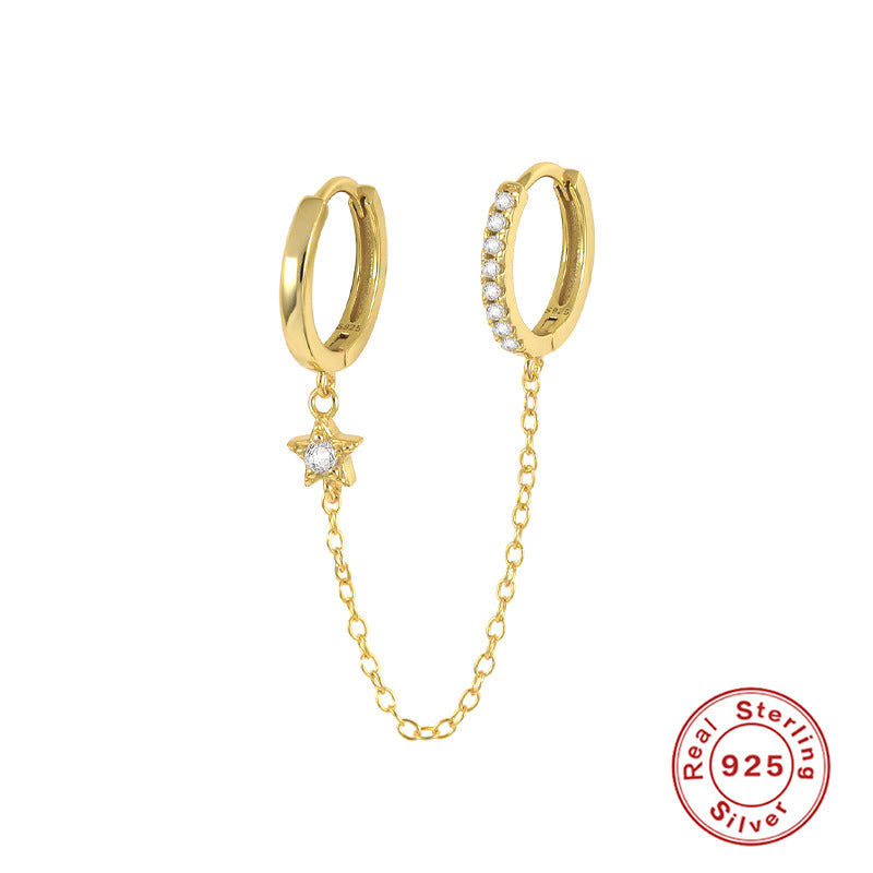 S925Sterling Silver Double Hoop Chain Connected Five-Pointed Star Inlaid Diamond Pendant Hoop Earrings Trendy Exaggerated Ear Jewelry