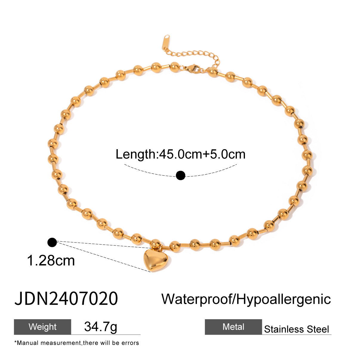 2H Stainless Steel Heart Necklace Simple Earrings Non-Fading Jewelry for Women