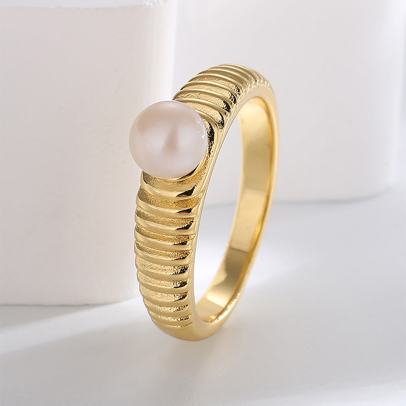 R0311 Simple Retro Striped Ring for Women, Brass Gold-Plated Elegant Inlaid Pearl Ring