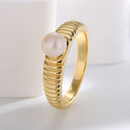 R0311 Simple Retro Striped Ring for Women, Brass Gold-Plated Elegant Inlaid Pearl Ring