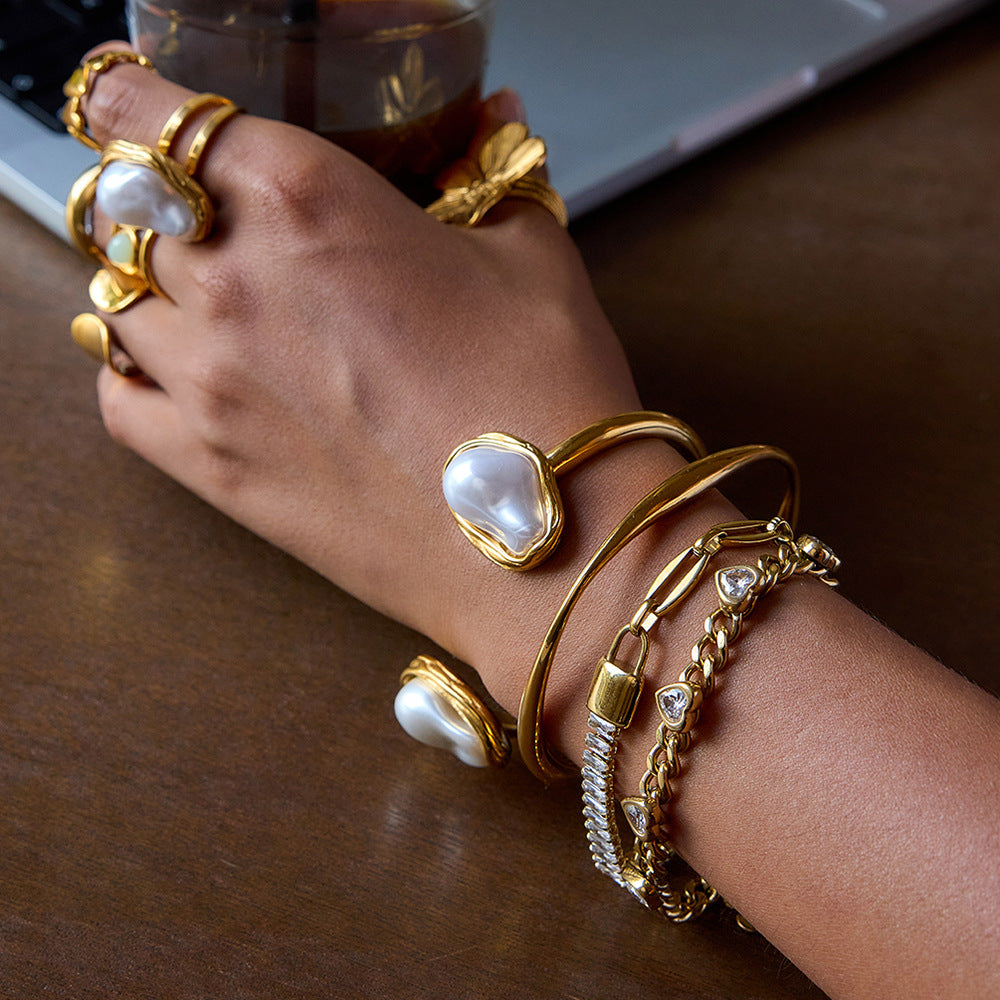 Imitation Baroque Pearl Ring Non-Fading Open Bracelet Stainless Steel Jewelry for Women