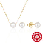 S925 Sterling Silver Pearl Earrings Necklace Set With Collarbone Chain